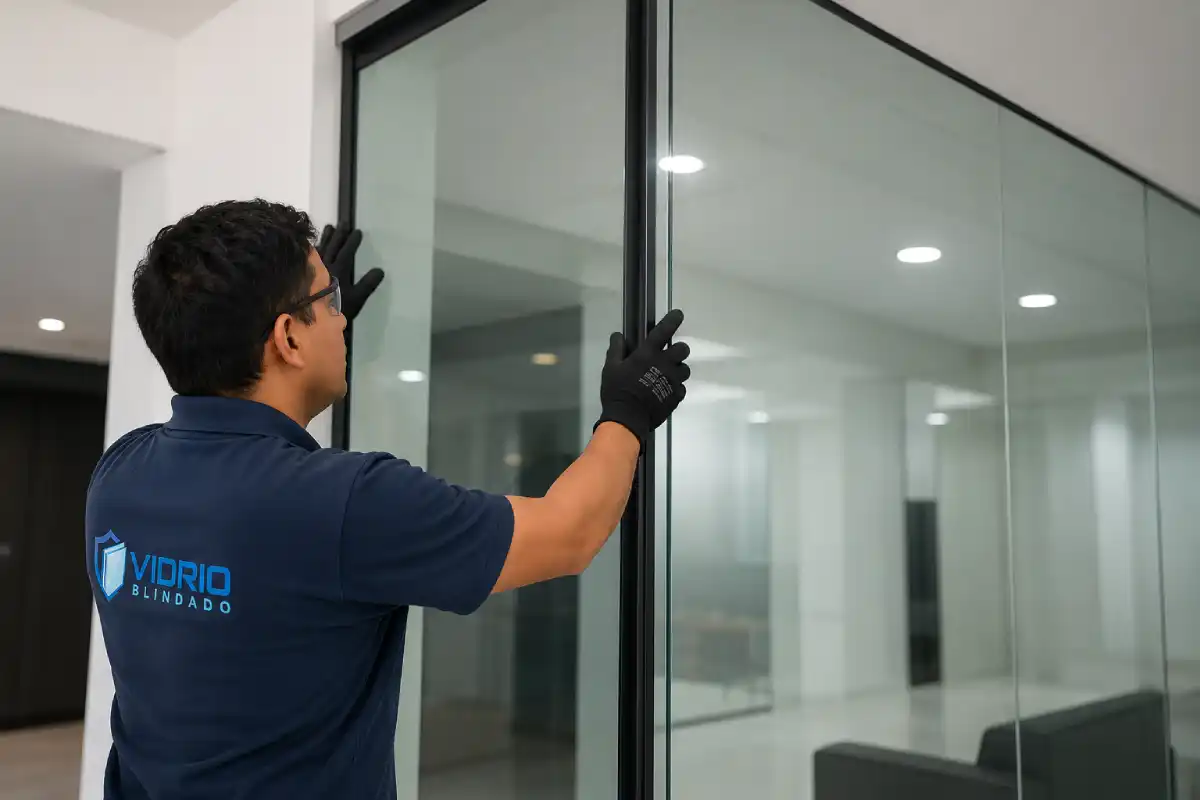 Técnicos trabajando en planta de fabricación de vidrio blindado