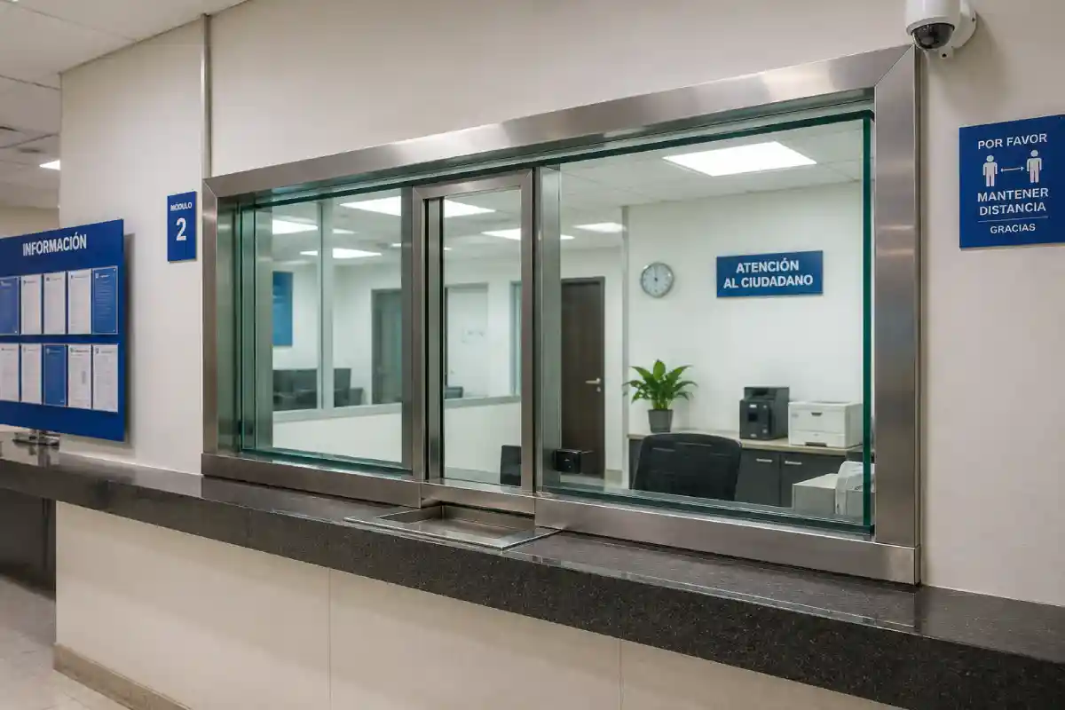 Fachada institucional con vidrio blindado