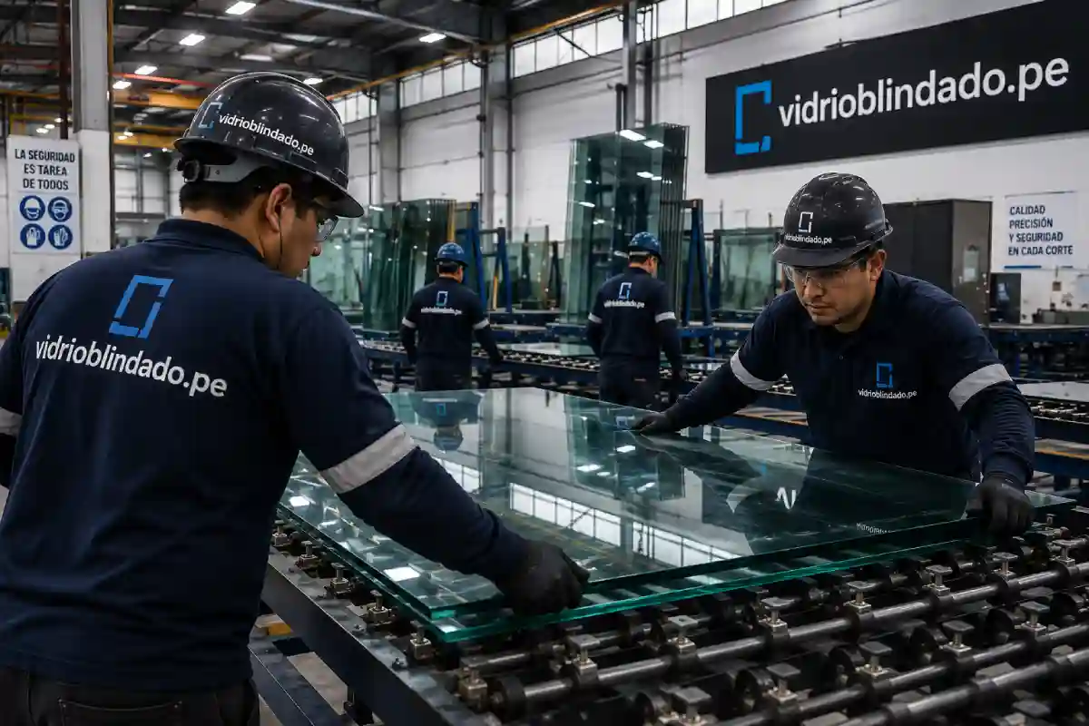 Técnicos manipulando vidrio en planta de fabricación en Lima